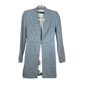 Zara Blue/White Tweed Hook Front Closure Fully Lined Long Blazer/Coat Size XS